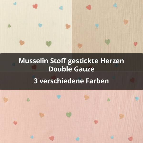 Musselin Stoff gestickte Herzen, Double Gauze