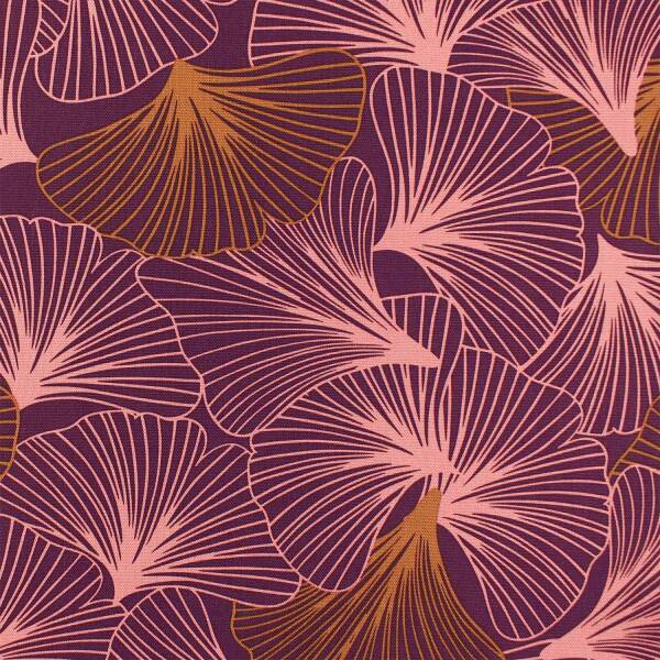 Canvas Stoff Ginkoblätter, aubergine