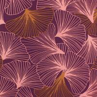 Canvas Stoff Ginkoblätter, aubergine
