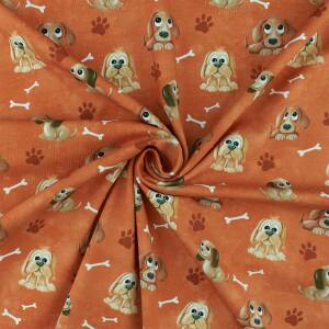 Jersey Stoff süße Hunde, rostorange