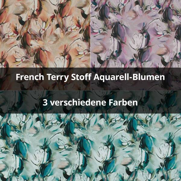 French Terry Stoff Aquarell-Blumen, angeraut