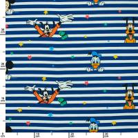 Jersey Stoff Mickey Mouse, Donald, Goofy, Pluto, blau/weiss gestreift