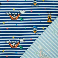 Jersey Stoff Mickey Mouse, Donald, Goofy, Pluto, blau/weiss gestreift