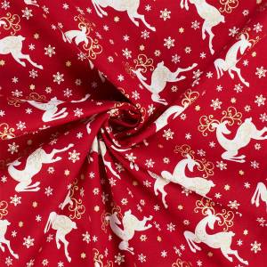 Baumwollstoff Hirsche mit Glitzereffekt, Weihnachten, rot