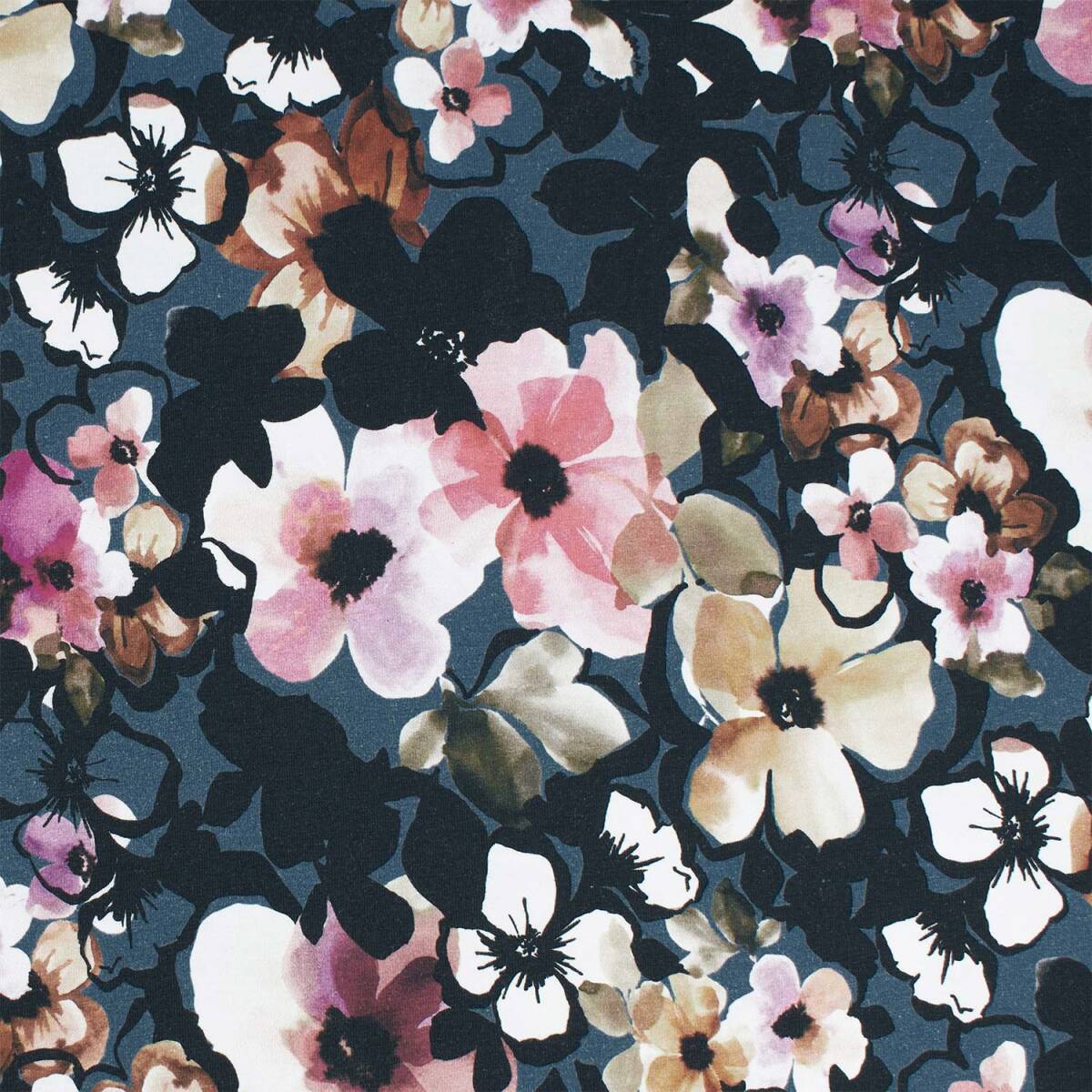 Jersey Blumen, Aquarell-Look, jeansblau box
