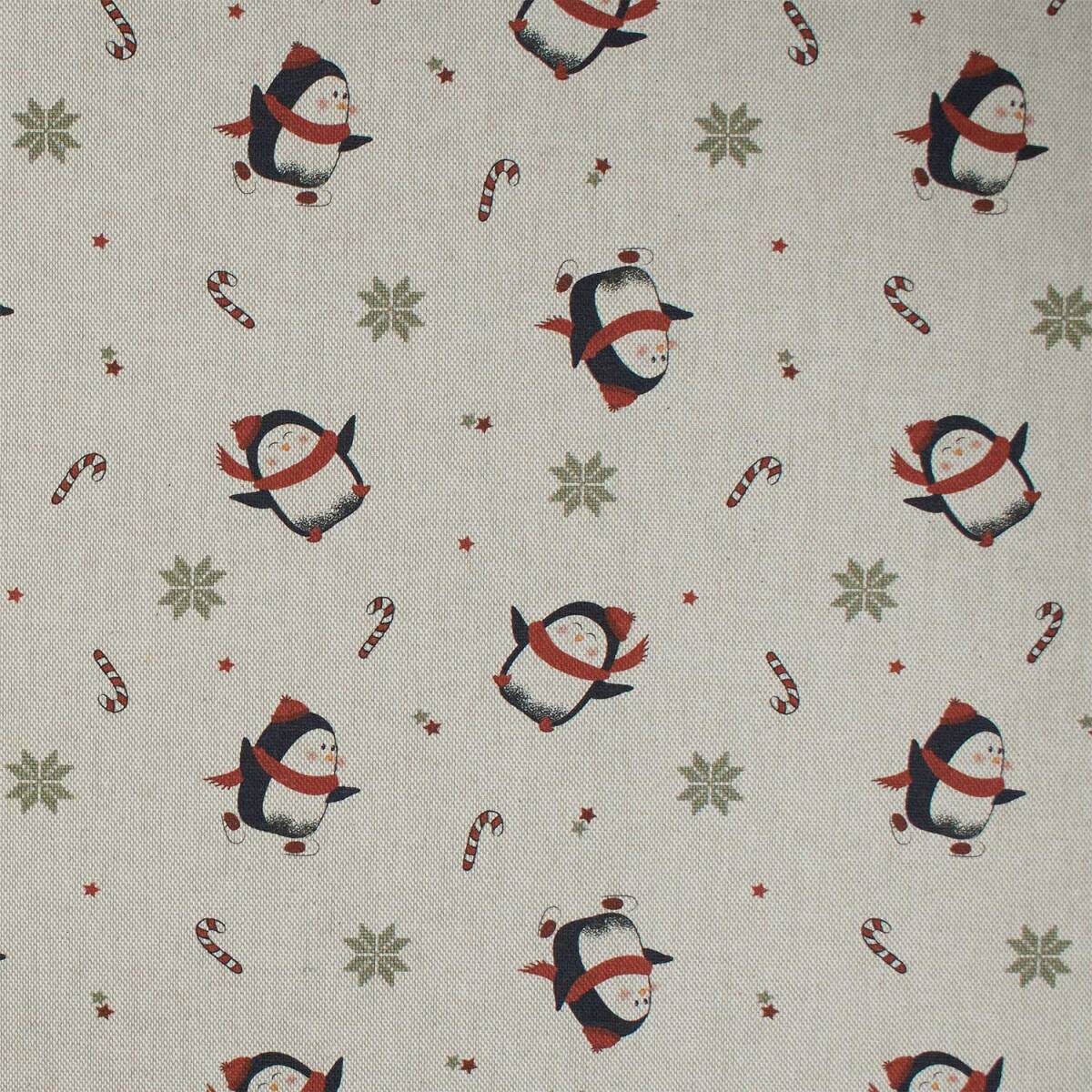 Halbpanama Stoff Pinguine beim Eislaufen, Leinenoptik, beige