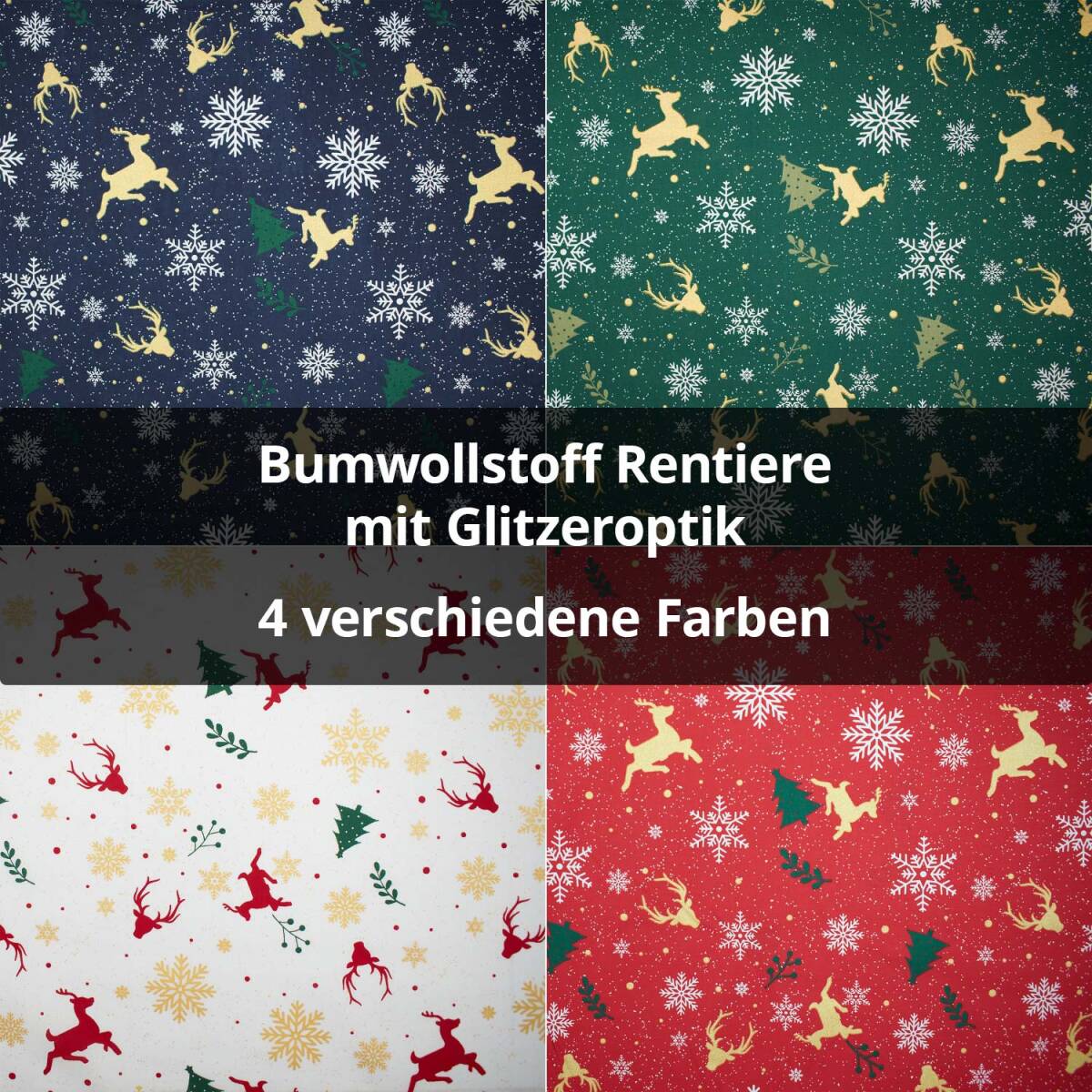 Baumwollstoff Popeline Rentiere mit Glitzereffekt, Weihnacht