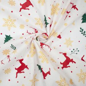 Baumwollstoff Popeline Rentiere mit Glitzereffekt, Weihnachten, naturweiß