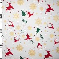 Baumwollstoff Popeline Rentiere mit Glitzereffekt, Weihnachten, naturweiß