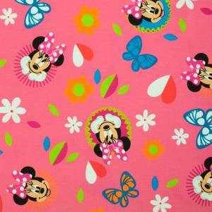 Jersey Stoff Minnie Mouse, Blumen, Schmetterlinge, pink