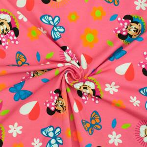 Jersey Stoff Minnie Mouse, Blumen, Schmetterlinge, pink