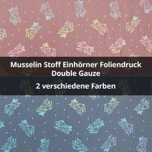  Musselin Einh&ouml;rner Foliendruck, Double Gauze
