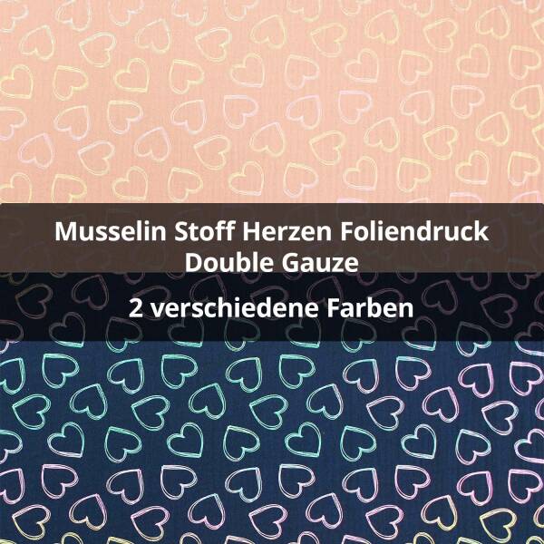 Musselin Herzen Foliendruck, Double Gauze