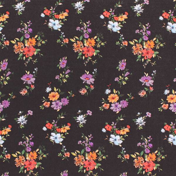 Viskose Stoff bunte Blumen, schwarz