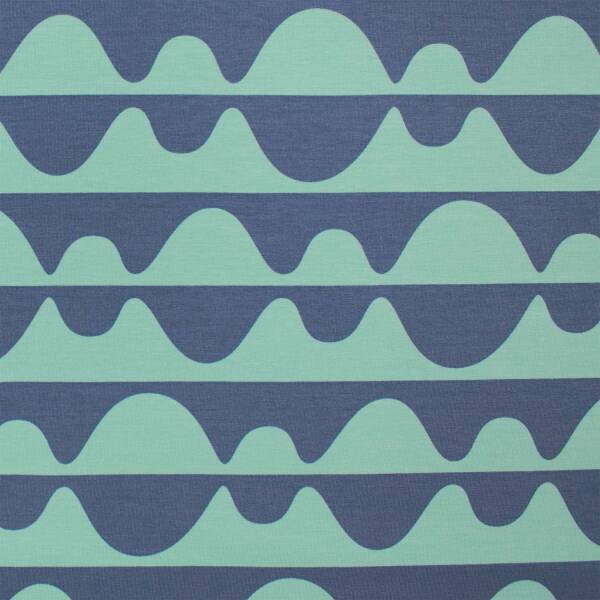 French Terry Stoff Wellen, angeraut rauchblau/mint