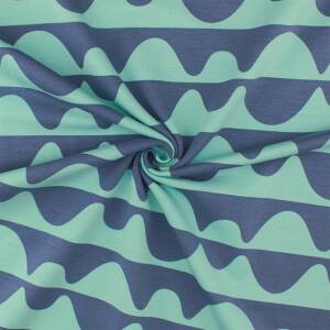 French Terry Stoff Wellen, angeraut rauchblau/mint