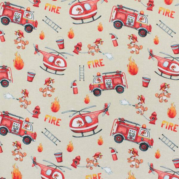 Sweatstoff Feuerwehrfahrzeuge, Hubschrauber, beige