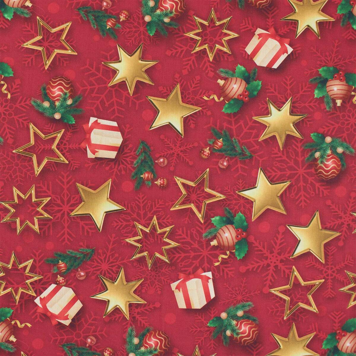 Baumwollstoff Weihnachten, Sterne und Geschenke, rot