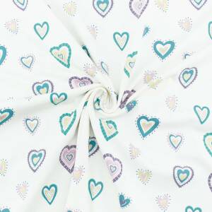 Jersey Stoff bunte Herzen, naturweiß