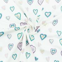 Jersey Stoff bunte Herzen, naturweiß
