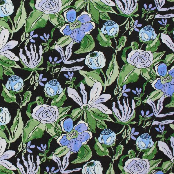 Viskose-Jersey Stoff Blumen, schwarz